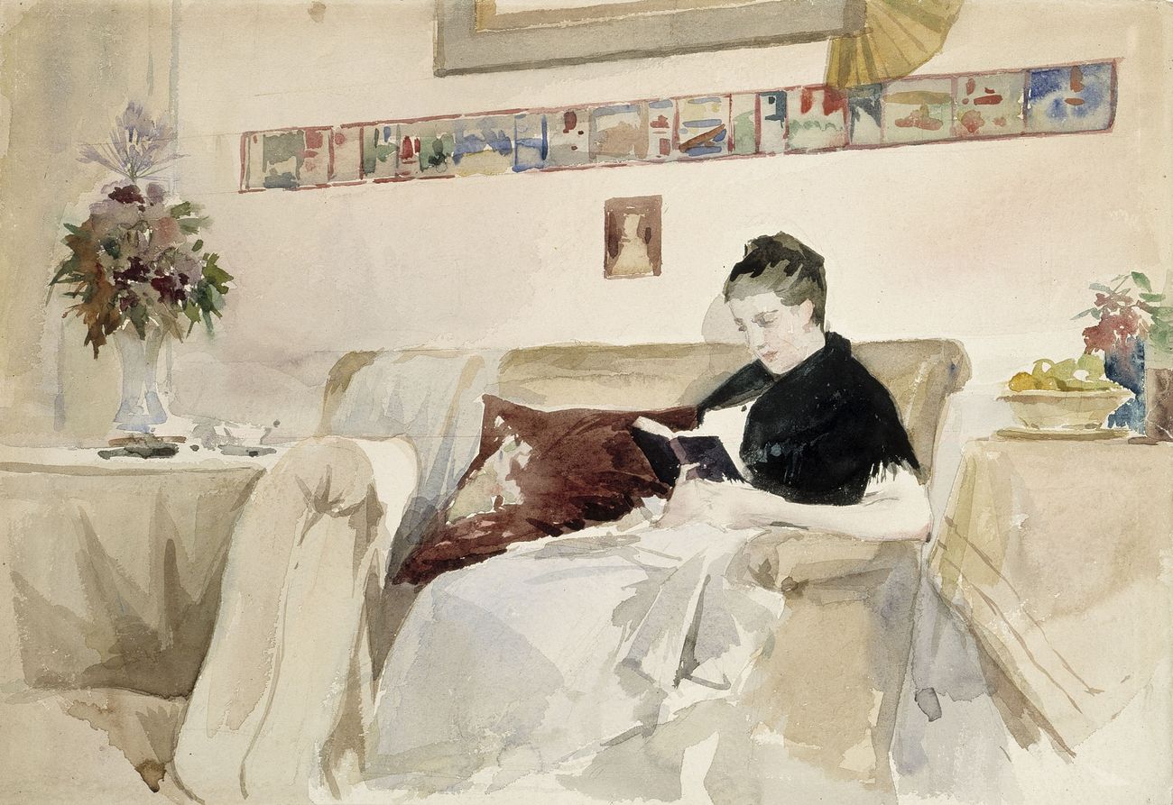 Artist’s wife reading on the sofa