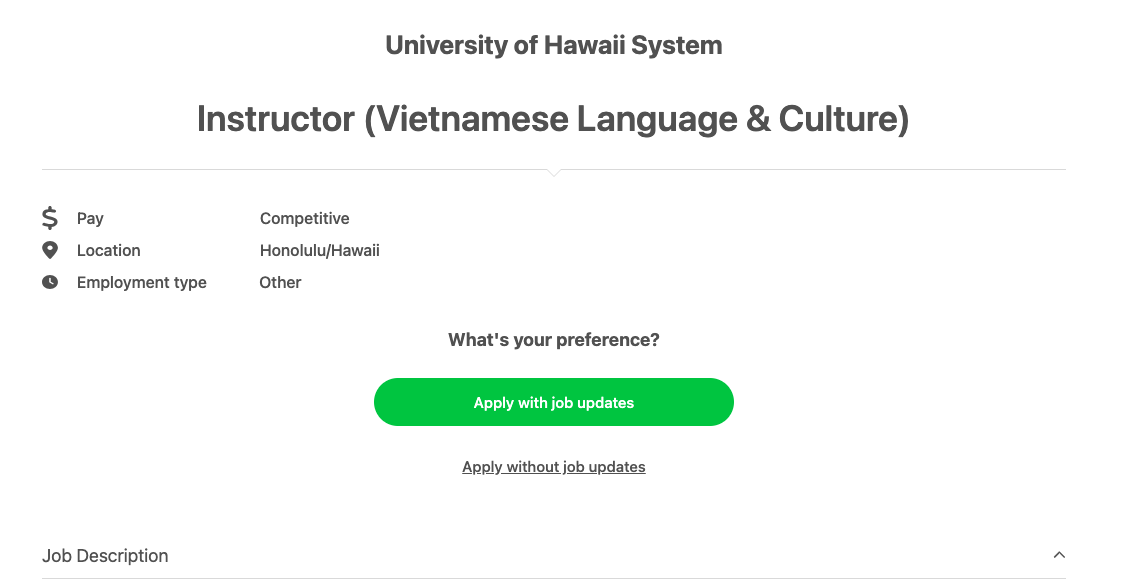 Job: Instructor (Vietnamese Language & Culture) at UHM