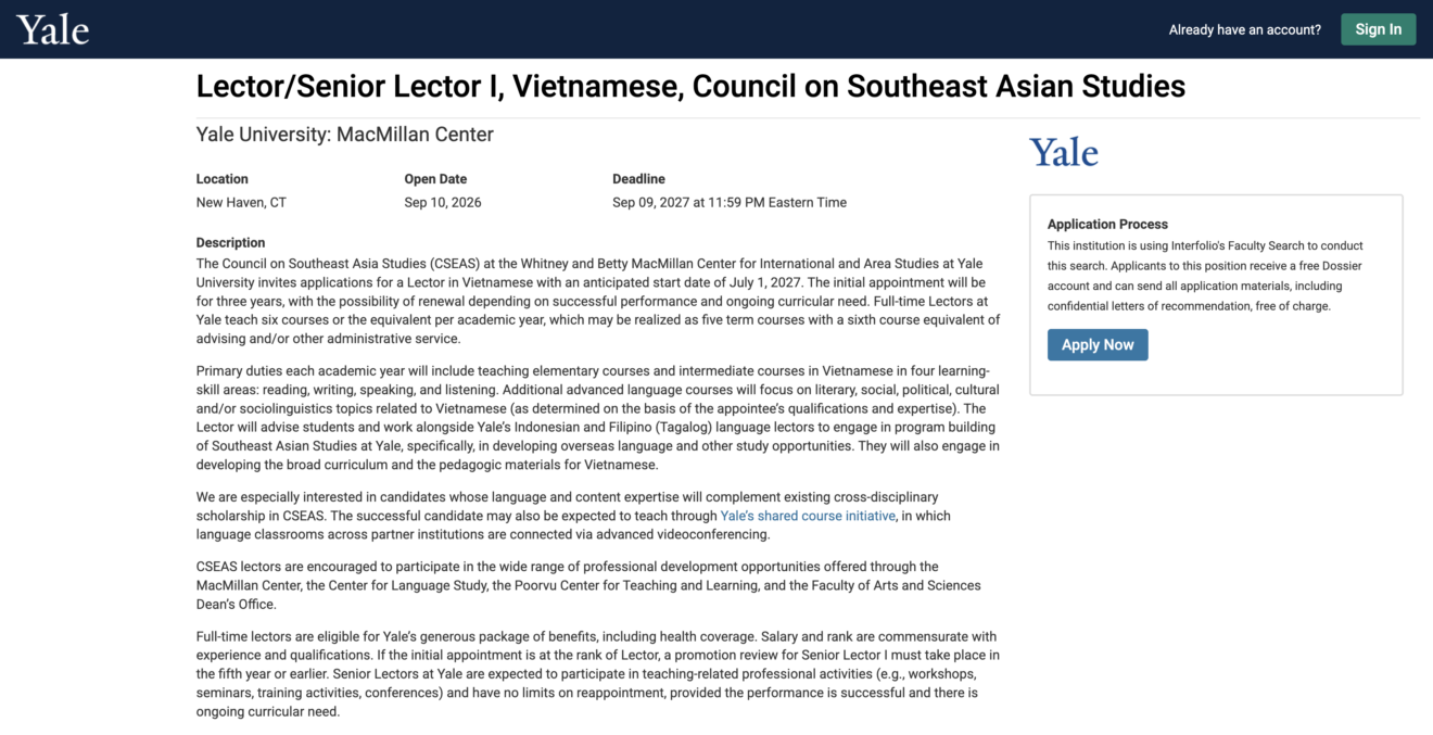 [Job] Lector/Senior Lector I, Vietnamese, Council on Southeast Asia Studies